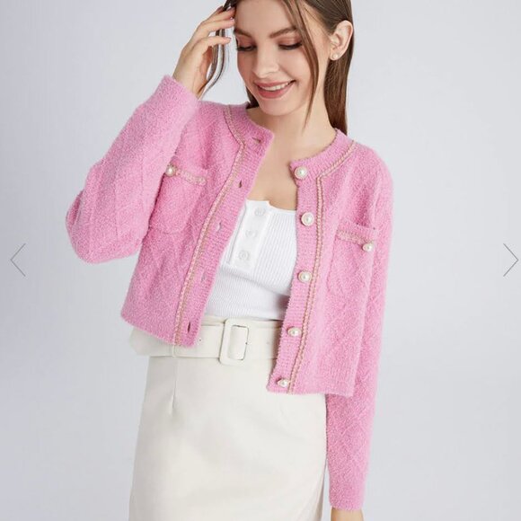 Urban Revivo FLUFFY CONTRAST TRIM FAUX PEARL BUTTON CARDIGAN - Picture 5 of 7